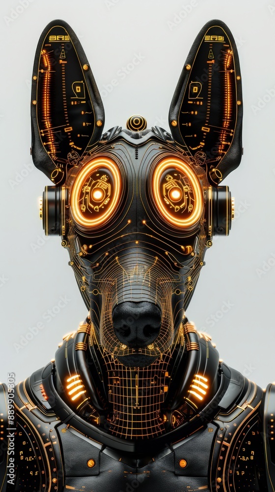 Futuristic robotic dog with glowing orange lights and intricate mechanical details, showcasing advanced technology and sci-fi design. Futuristic robotic dog with glowing orange lights and intricate mechanical details, showcasing advanced technology and sci-fi design.