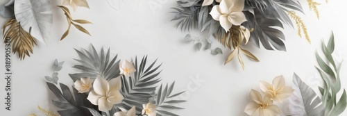 Elegant floral arrangement featuring delicate flowers and tropical leaves on a white background. Perfect for nature-inspired designs and decor.