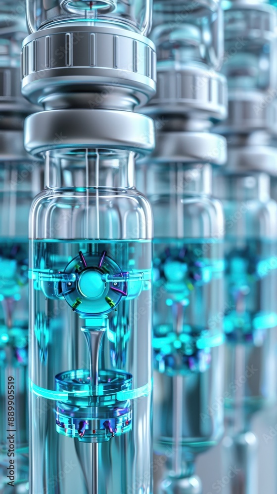 Rows of futuristic glowing vials with a blue liquid, showcasing advanced scientific research and medical innovation. Rows of futuristic glowing vials with a blue liquid, showcasing advanced scientific research and medical innovation.