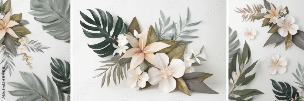 Fototapeta premium Elegant floral arrangement featuring delicate flowers and tropical leaves on a white background. Perfect for nature-inspired designs and decor.