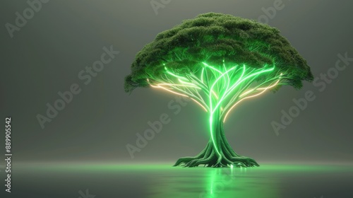 Surreal glowing green tree with neon lights, representing technology and nature fusion, standing alone on a reflective surface. photo