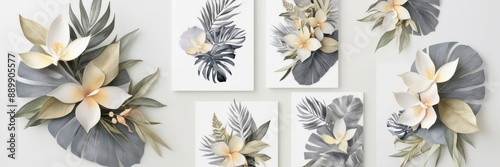 Elegant floral arrangement featuring delicate flowers and tropical leaves on a white background. Perfect for nature-inspired designs and decor.