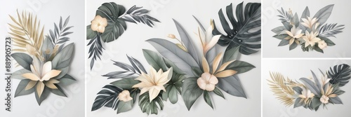 Elegant floral arrangement featuring delicate flowers and tropical leaves on a white background. Perfect for nature-inspired designs and decor.