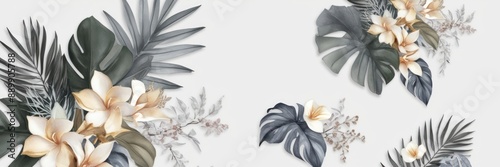 Elegant floral arrangement featuring delicate flowers and tropical leaves on a white background. Perfect for nature-inspired designs and decor.