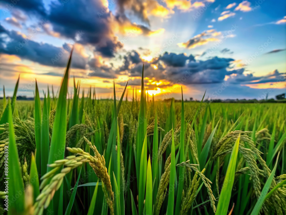Fototapeta premium wheat field at sunset, green, summer, blue, landscape, meadow, agriculture, spring, cloud, plant, environment, wheat, rural