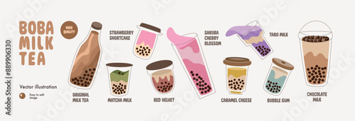 Boba milk tea collection. Menu design. Bubble tea illustration.