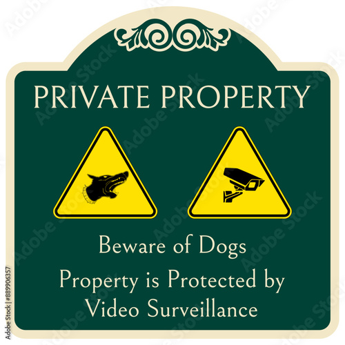 Decorated beware of dog sign private property. Property is protected by video surveillance