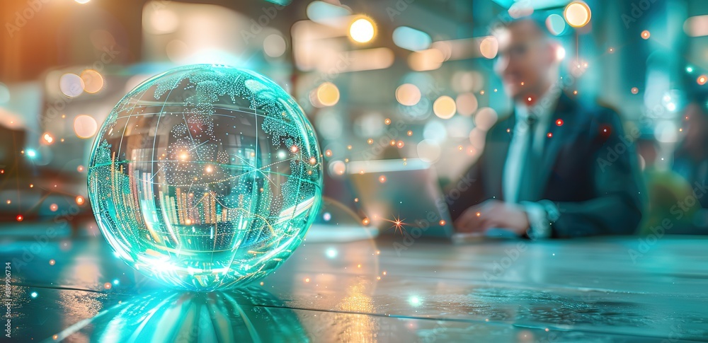 Illustration of a sophisticated transparent crystal blue globe decoration, suitable as a business opportunity so that the concept can be applied throughout the world. Illustration of a sophisticated transparent crystal blue globe decoration, suitable as a business opportunity so that the concept can be applied throughout the world.