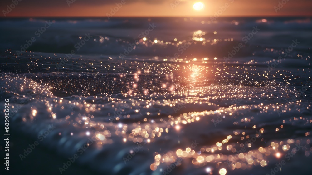 Naklejka premium Sunset over the ocean with sparkling waves and shimmering wet sand 