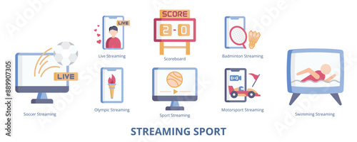 Streaming Sport Flat Banner Web Icon Set Vector Illustration, Live Streaming Sport Channel Soccer Motorsport Swimming Olympic Scoreboard Badminton