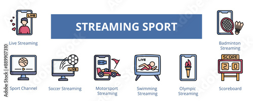 Streaming Sport Lineal Color Banner Web Icon Set Vector Illustration, Live Streaming Sport Channel Soccer Motorsport Swimming Olympic Scoreboard Badminton