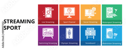 Streaming Sport Glyph Solid Banner Web Icon Set Vector Illustration, Live Streaming Sport Channel Soccer Motorsport Swimming Olympic Scoreboard Badminton