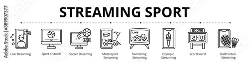 Streaming Sport Line Banner Web Icon Set Vector Illustration, Live Streaming Sport Channel Soccer Motorsport Swimming Olympic Scoreboard Badminton