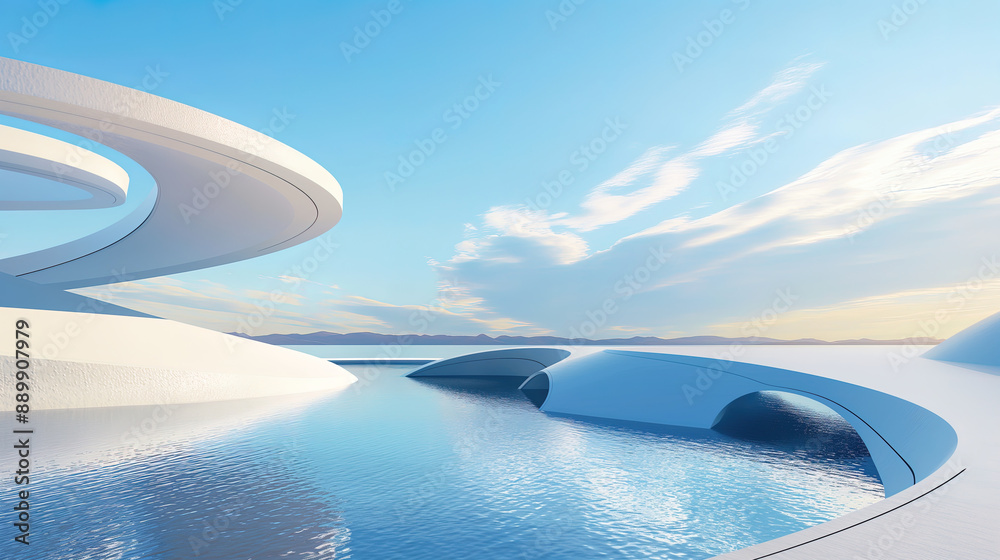 A futuristic hotel in the middle of desert with a beautiful lake A futuristic hotel in the middle of desert with a beautiful lake