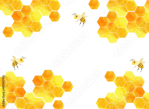 水彩風　飛ぶ蜂とハニカム模様のイラスト
