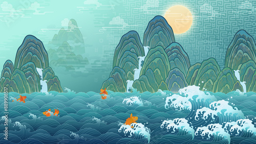 Oriental Painting Ten Longevity Wallpaper Korean Painting Illustration with Mountains, Water, Waves, Pine Trees, Carp, and Moon. 동양화 십장생도 배경 일러스트 수묵화 한국화