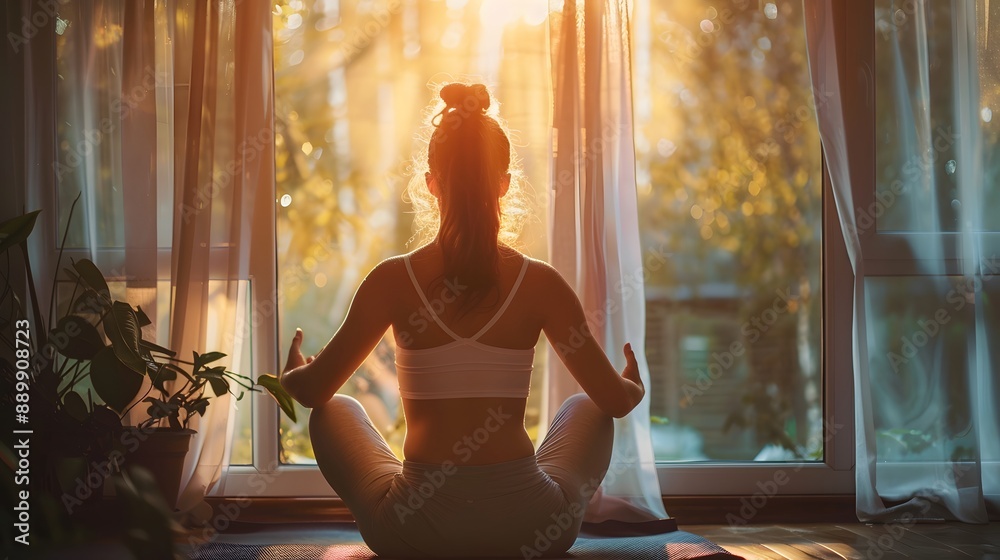 Adult woman practising yoga at home. Adult woman practising yoga at home.
