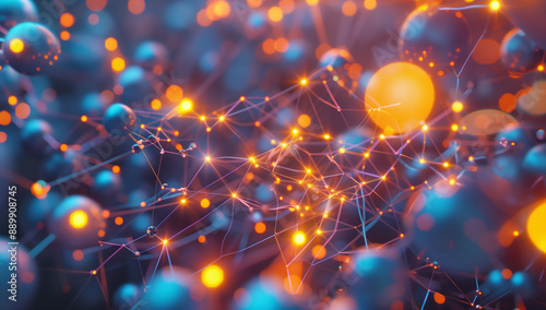 
A network of interconnected orange and blue spheres representing data points, forming an intricate web or mesh structure. The scene is captured in a close-up view with shallow depth of field to empha photo