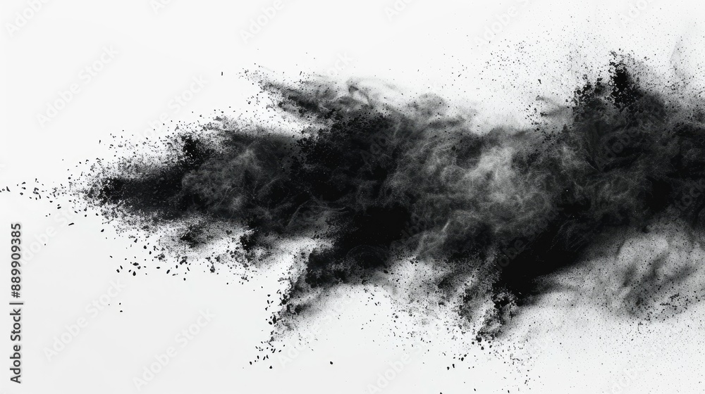 Charcoal particles and black powder on white background in abstract motion Charcoal particles and black powder on white background in abstract motion
