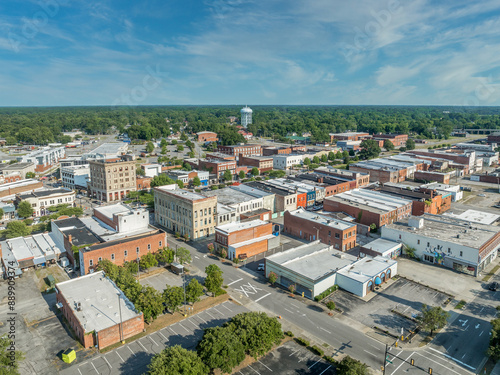 Aerial view of Rocky Mount Nash County North Carolina, typical small town USA with main street, Methodist church, public buildings