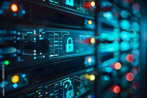 Protected servers ensure high tech security, holographic interfaces lock out hackers, cybersecurity protocols defend against ransomware and digital intrusions