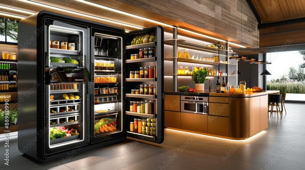 Modern kitchen with an open refrigerator filled with fresh groceries, well-organized pantry items, and elegant wooden cabinetry. Modern kitchen with an open refrigerator filled with fresh groceries, well-organized pantry items, and elegant wooden cabinetry.