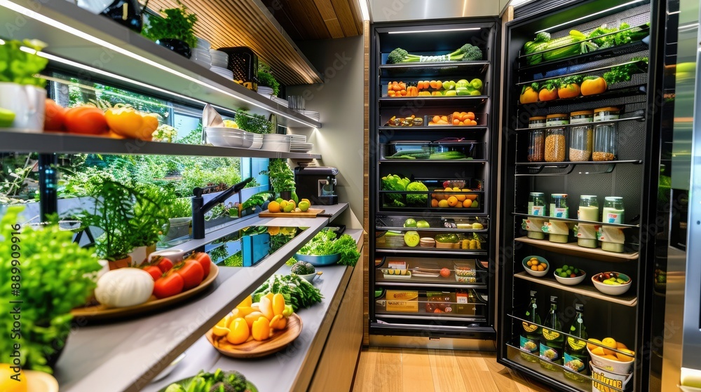 Modern kitchen with fresh vegetables, herbs, and stocked fridge. Bright, organized interior showcasing healthy, organic produce. Modern kitchen with fresh vegetables, herbs, and stocked fridge. Bright, organized interior showcasing healthy, organic produce.