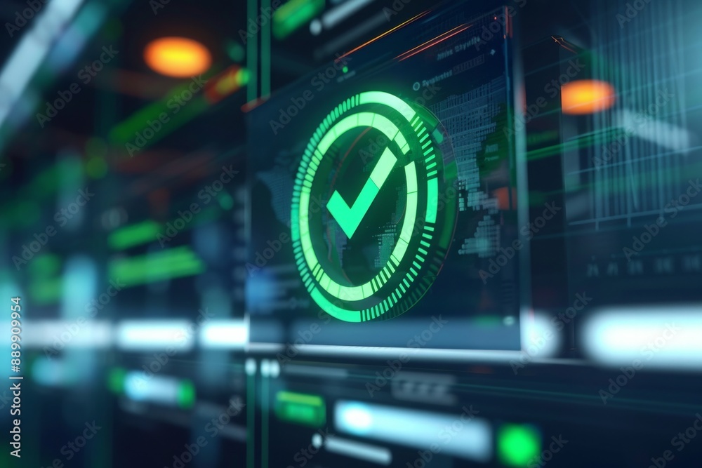 A digital dashboard with a large green tick icon confirming successful verification of user credentials. A digital dashboard with a large green tick icon confirming successful verification of user credentials.