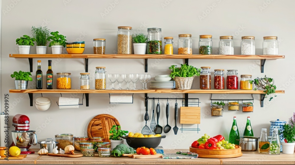 Modern kitchen with wooden shelves, spices, fresh herbs, vegetables, jars, and kitchen utensils creating a rustic and organized culinary space.