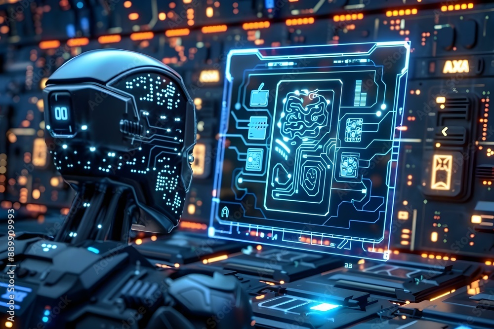 Fototapeta premium AI processor on a futuristic circuit board, representing advanced technology and digital innovation in a high tech setting