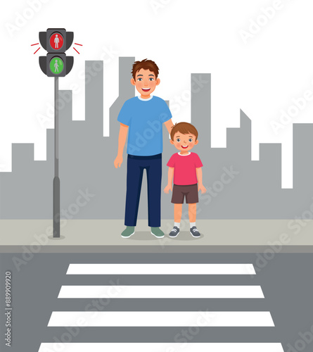 Cute little boy and his father waiting to cross the road on zebra crossing