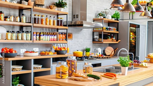 Modern kitchen with stocked shelves, fresh produce, and contemporary appliances. Bright, inviting space perfect for food preparation and cooking.