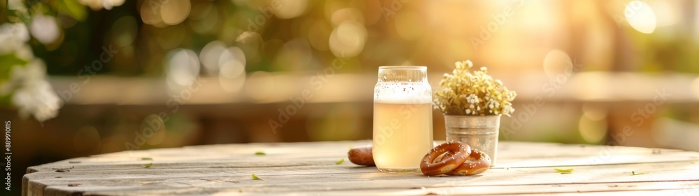 German Beer Garden, Wooden Tables, Pretzels, Sunny Day, Outdoor, Traditional, Relaxing Atmosphere German Beer Garden, Wooden Tables, Pretzels, Sunny Day, Outdoor, Traditional, Relaxing Atmosphere