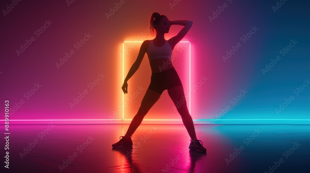 Dynamic Silhouette of a Woman Posing Against Vibrant Neon Lights in a Modern Studio Setting Dynamic Silhouette of a Woman Posing Against Vibrant Neon Lights in a Modern Studio Setting