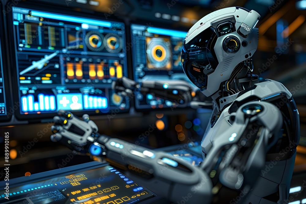 Fototapeta premium Robotic arm using VR equipment in a control room, showcasing advanced technology and virtual reality integration, high-tech and futuristic