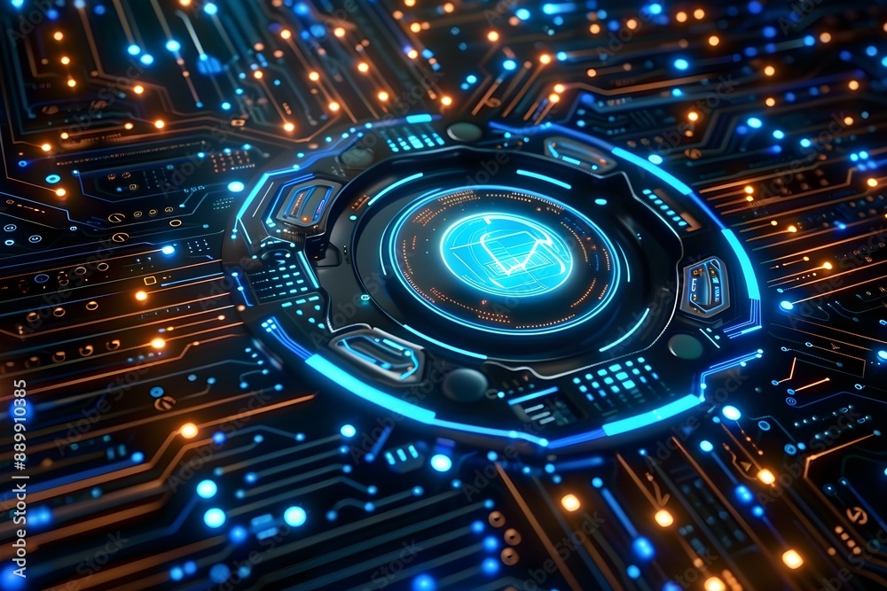 Fototapeta premium Close up of a high tech AI core with neon blue circuits pulsating within, representing the heartbeat of technology