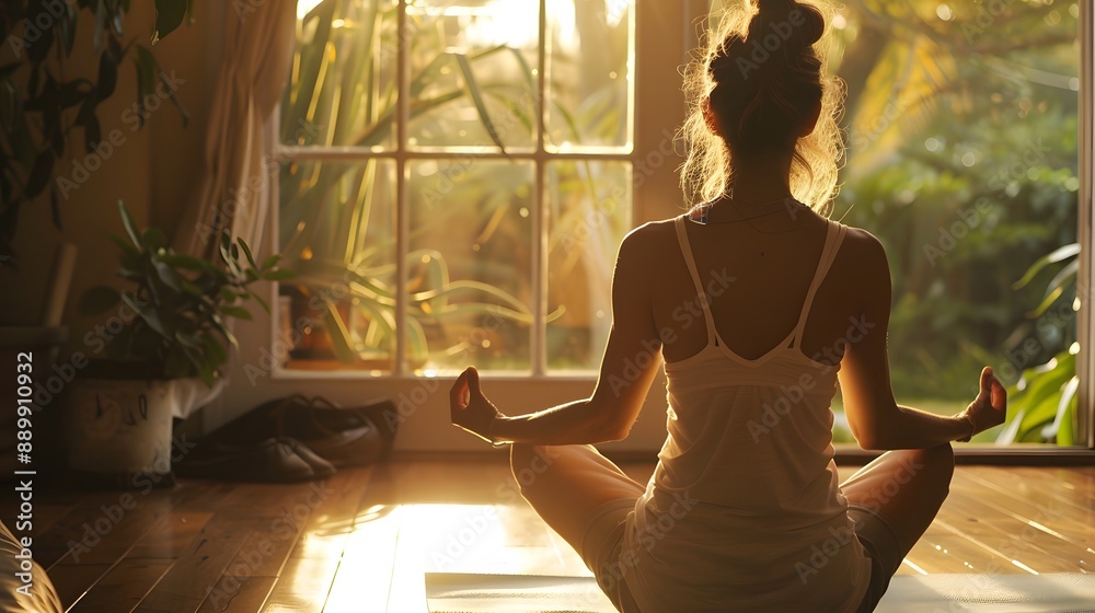 Adult woman practising yoga at home. Adult woman practising yoga at home.
