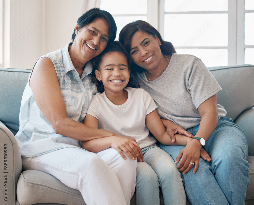 Portrait, mom and grandma relax with girl on sofa for family time, bonding and embrace in modern house on weekend. Generations, child and home with hug for affection or care, together and cheerful. Portrait, mom and grandma relax with girl on sofa for family time, bonding and embrace in modern house on weekend. Generations, child and home with hug for affection or care, together and cheerful.