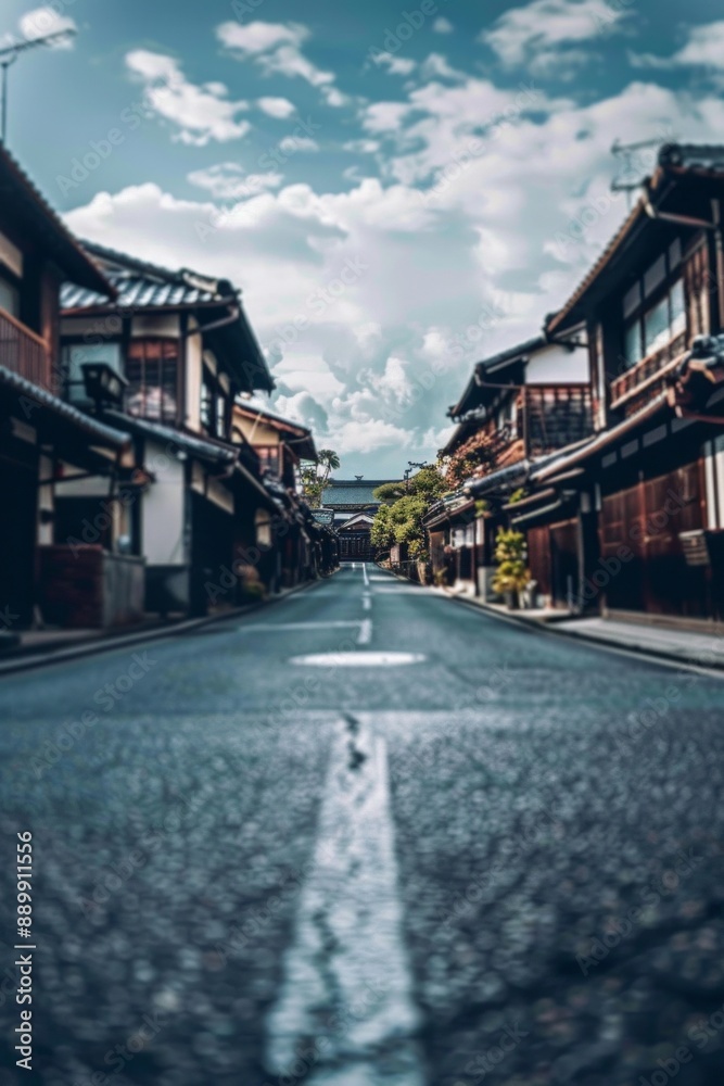 Obraz premium An empty street in the center of the frame, surrounded by traditional japanese houses