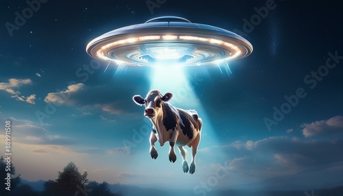 An alien spacecraft abducting and lifting a smiling cow