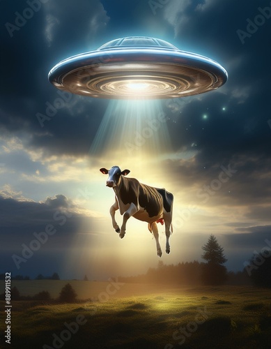 An alien spacecraft abducting and lifting a cow with beam photo