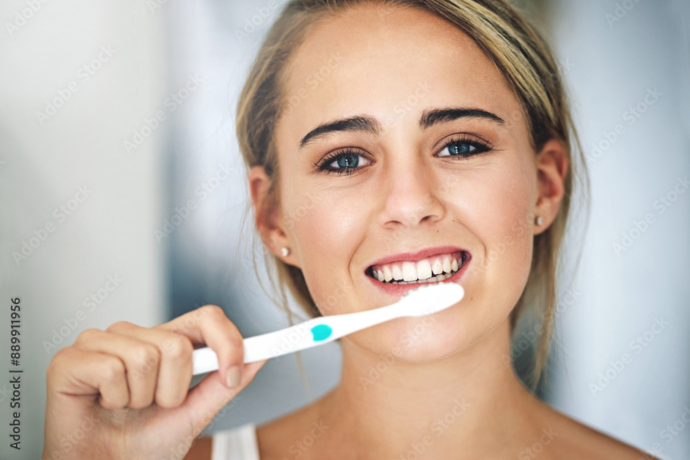 Oral hygiene, toothbrush and portrait of woman in home for fresh breath, health and grooming routine. Smile, dental care and person brushing teeth for plaque removal or cavity prevention at house. Oral hygiene, toothbrush and portrait of woman in home for fresh breath, health and grooming routine. Smile, dental care and person brushing teeth for plaque removal or cavity prevention at house.