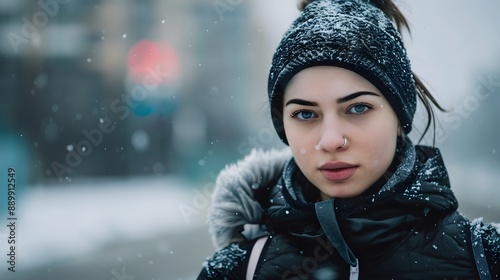 Young athletic woman warming up before her winter workout. 