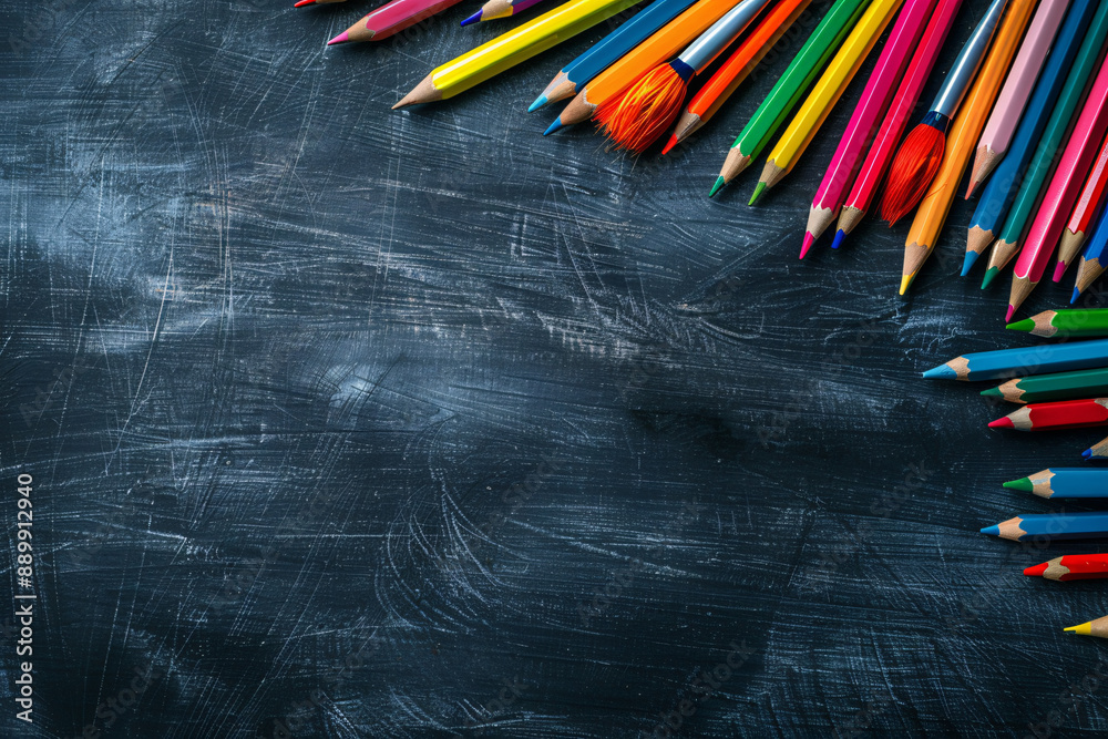 School supplies on blackboard background, back to school concept, copy space. School supplies on blackboard background, back to school concept, copy space.