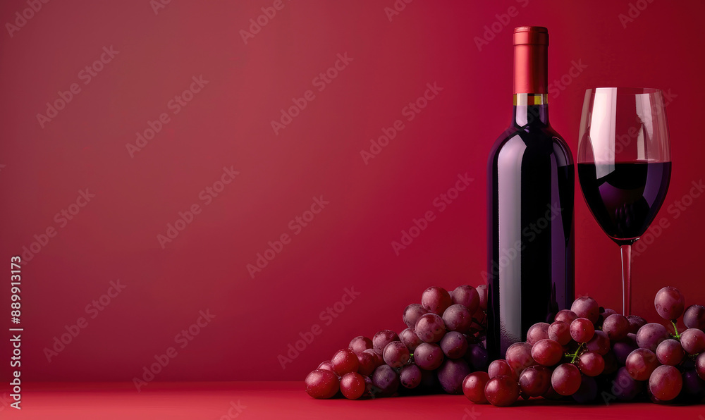 Fototapeta premium Red Wine Bottle and Juicy Grapes on Red Background