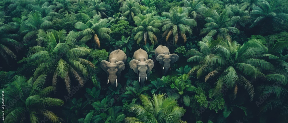 Fototapeta premium Top view Elephant walk in the nature