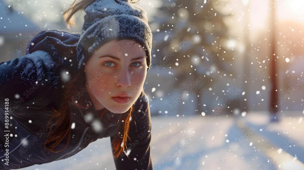 Young athletic woman warming up before her winter workout. Young athletic woman warming up before her winter workout.