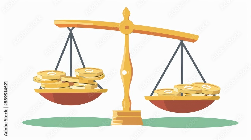 Illustration of a balancing scale with stacked coins, symbolizing financial balance and equality. Illustration of a balancing scale with stacked coins, symbolizing financial balance and equality.