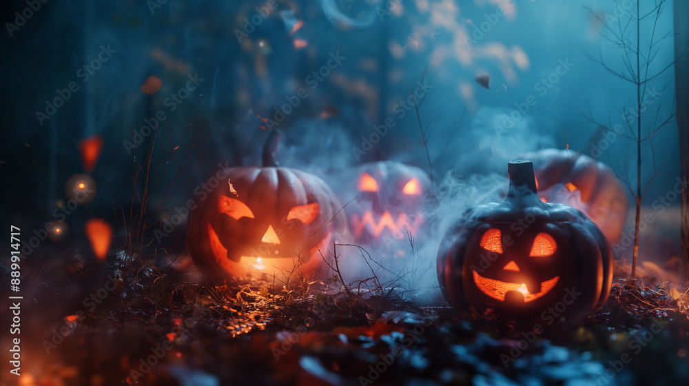Fototapeta premium Three pumpkins with glowing eyes and a spooky atmosphere