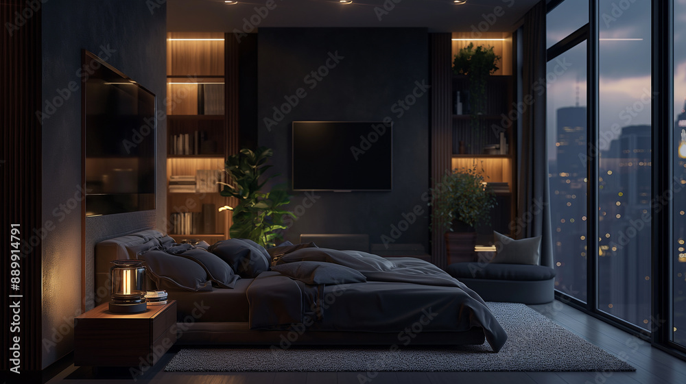 Fototapeta premium A bedroom with a large bed, a television, and a potted plant